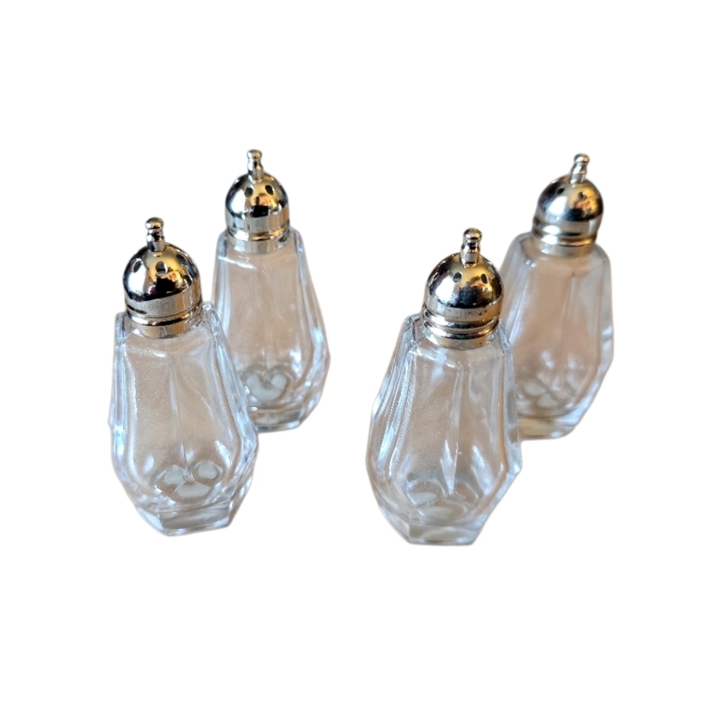 Elegant Glass Salt and Pepper Shakers with Silver Tops Vintage Petite 3" Set 4
